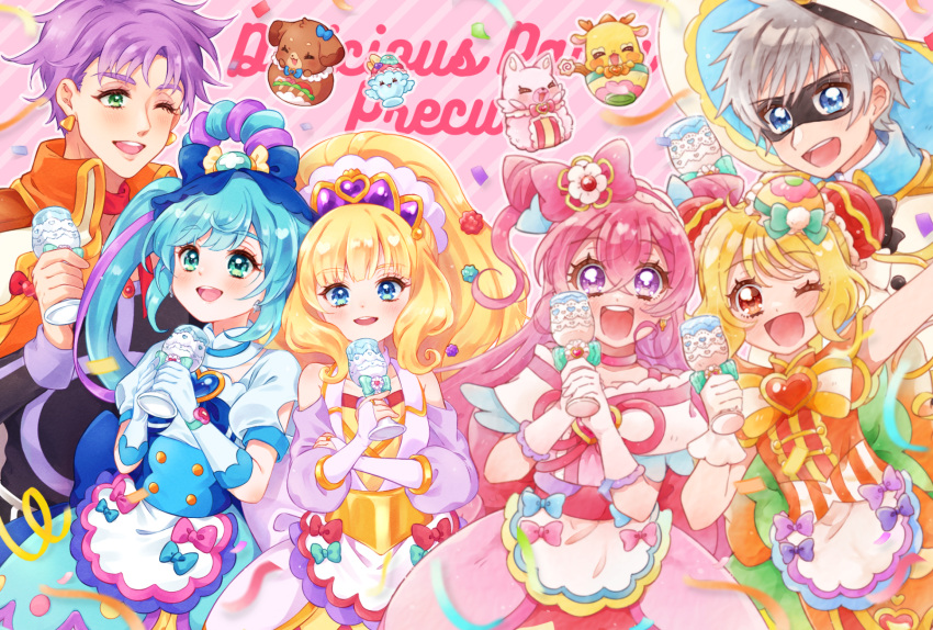 2boys 4girls :d apron arm_up back_bow background_text bangs big_hair black_pepper_(precure) black_shirt blonde_hair blue_bow blue_dress blue_eyes blue_gloves blue_hair bow bridal_gauntlets bun_cover china_dress chinese_clothes choker clothing_cutout collaboration commentary cone_hair_bun confetti copyright_name cup cure_finale cure_precious cure_spicy cure_yum-yum delicious_party_precure domino_mask double_bun dress earrings fuwa_kokone gloves green_eyes grey_hair hair_bow hair_bun hair_ornament hairband hanamichi_ran hand_on_own_arm hat heart highres holding holding_cup jacket jacket_on_shoulders jewelry kasai_amane kashitani_futaba kome-kome_(precure) large_bow long_hair long_sleeves looking_at_viewer magical_boy magical_girl mask medium_dress mem-mem_(precure) multiple_boys multiple_girls nagomi_yui nakatsu_(pr_nagom) one_eye_closed open_mouth orange_bow orange_dress orange_hair pam-pam_(precure) pink_background pink_bow pink_choker pink_dress pink_hair pink_hairband precure purple_dress purple_hair purple_headwear recipipi red_eyes rosemary_(precure) shinada_takumi shirt short_hair short_sleeves shoulder_cutout side_ponytail smile standing streamers sun_hat tiara two_side_up violet_eyes waist_apron white_gloves white_headwear white_jacket