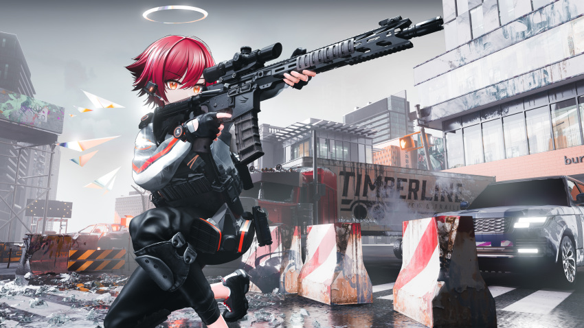 1girl absurdres ar-15 arknights assault_rifle barbed_wire barricade black_footwear black_gloves black_pants building car city clouds cloudy_sky commentary_request debris detached_wings earpiece exusiai_(arknights) fence fingerless_gloves ford ford_crown_victoria gloves ground_vehicle gun halo highres holding holding_gun holding_weapon jacket jersey_barrier knee_pads kneeling lamppost motor_vehicle orange_eyes outdoors pants peterbilt range_rover redhead rifle road scenery semi_truck seymour shoes short_hair sky sneakers solo sports_utility_vehicle tactical_clothes traffic_light trailer truck urban weapon white_jacket wings