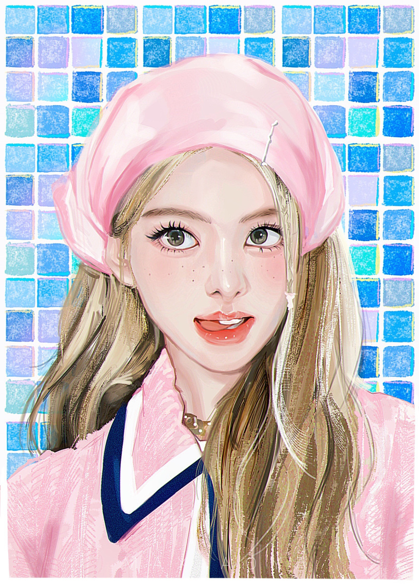 1girl bandana blonde_hair commentary eyelashes freckles gold_choker highres jacket k-pop light_blush light_smile lips long_hair looking_to_the_side ma_xiao_ya nayeon_(twice) open_mouth pink_bandana pink_jacket portrait real_life realistic solo symbol-only_commentary teeth tile_wall tiles tongue tongue_out twice_(group)