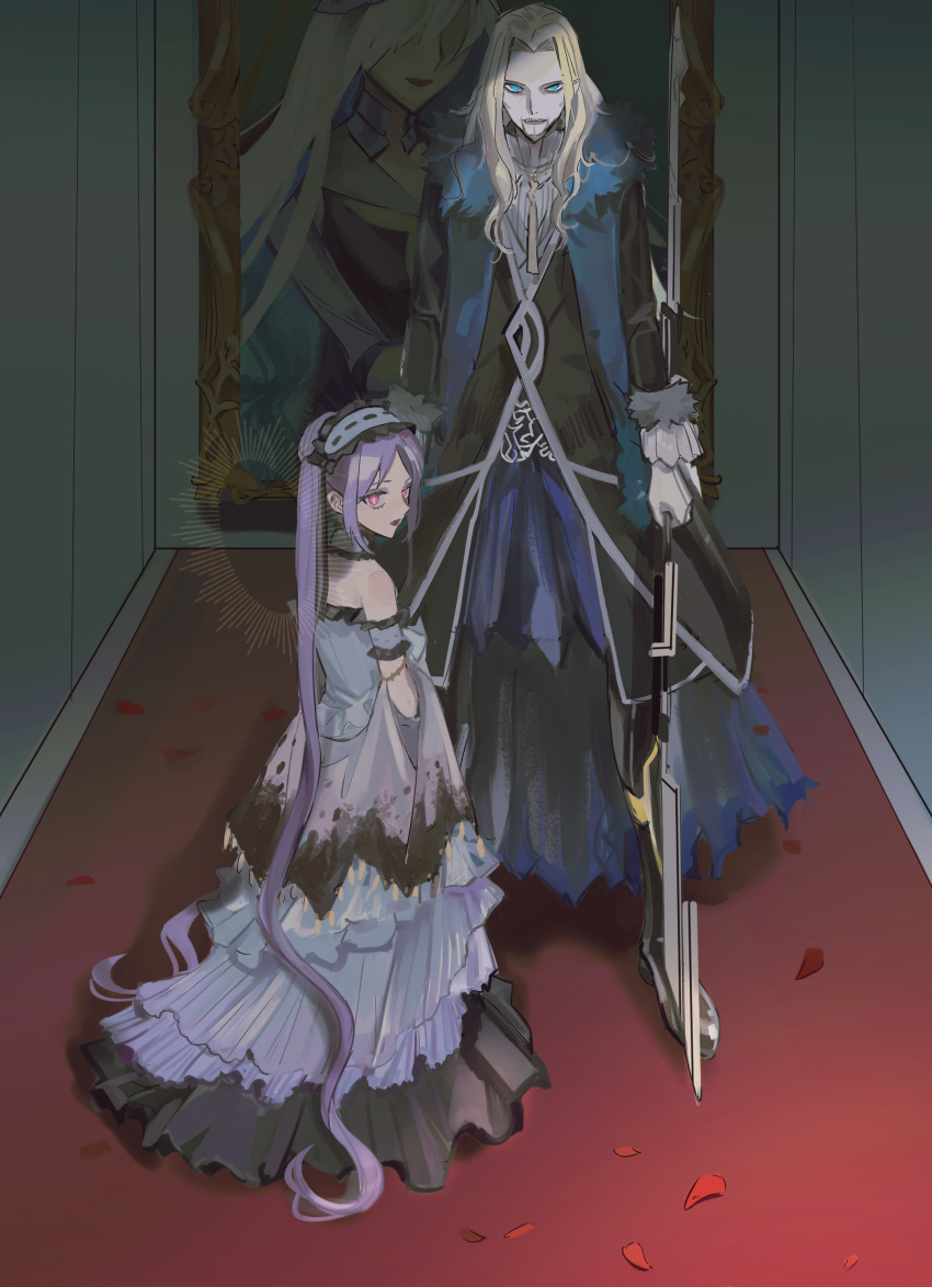 1boy 1girl absurdres arm_garter bangs beard black_coat black_footwear black_pants blonde_hair blue_eyes boots bright_pupils brynhildr_(fate) carpet coat collar dress facial_hair fate/grand_order fate_(series) frilled_collar frills full_body fur-trimmed_coat fur-trimmed_sleeves fur_trim gloves hairband halo height_difference highres holding holding_polearm holding_weapon indoors kitou_saji layered_dress legs_apart lolita_hairband long_hair looking_at_viewer looking_to_the_side pants parted_bangs parted_lips petals pink_eyes polearm portrait_(object) purple_hair rose_petals shawl smile standing stheno_(fate) stole strapless strapless_dress sweater twintails very_long_hair vlad_iii_(fate/apocrypha) waist_cape weapon white_collar white_dress white_gloves white_pupils white_sweater