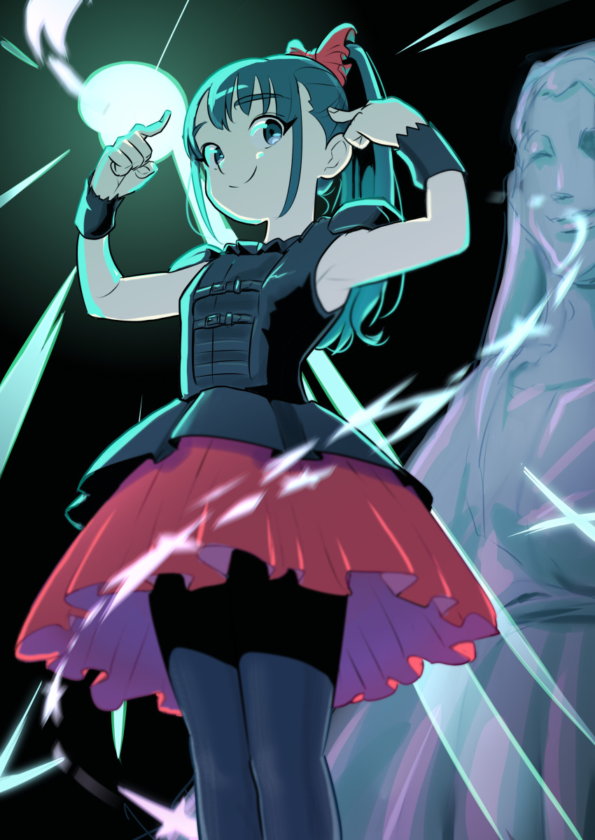 1girl absurdres babymetal bangs black_dress black_eyes black_hair commentary dress english_commentary frilled_dress frills high_ponytail highres leggings long_hair nakamoto_suzuka pink_mousse pointing pointing_at_self ponytail sleeveless sleeveless_dress smile solo wrist_cuffs