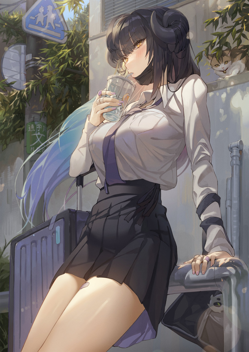 1girl absurdres against_railing arm_support bag bandaid bandaid_on_hand bandaid_on_leg bandaid_on_thigh bangs black_hair black_horns blue_hair blush character_request copyright_request cup drinking drinking_straw fingernails from_below highres hime_cut holding holding_cup horns hxxg legs_together looking_at_viewer multicolored_hair necktie outdoors pleated_skirt purple_nails railing skirt solo tree wind yellow_eyes