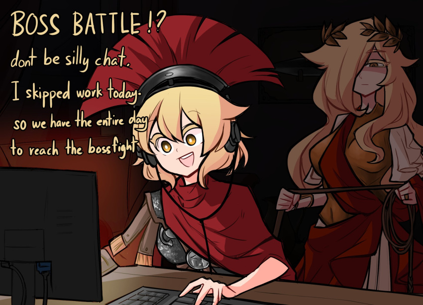 2girls :d armor bangs blonde_hair breastplate breasts centurii-chan centurii-chan_(artist) computer english_text hair_over_one_eye half-closed_eye headphones highres holding holding_weapon holding_whip keyboard_(computer) large_breasts legate_(centurii-chan) long_hair looking_at_another monitor multiple_girls open_mouth orange_eyes original robe roman_clothes smile teeth upper_teeth_only weapon