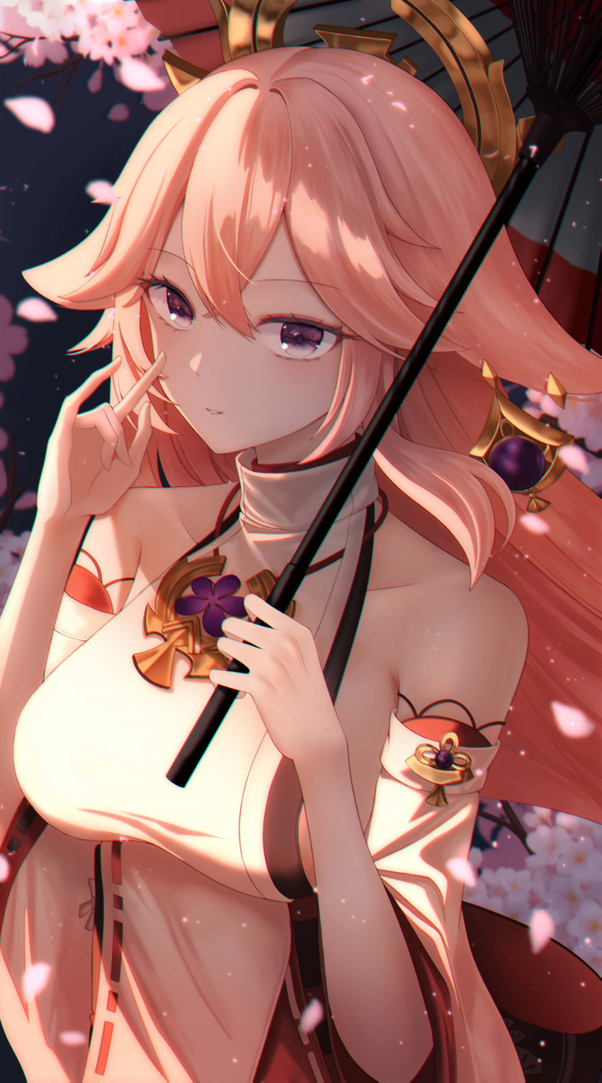 1girl absurdres bangs bare_shoulders breasts cherry_blossoms collarbone crossed_bangs day detached_sleeves dong_hawn dress falling_petals flower genshin_impact gold_trim highres holding holding_umbrella large_breasts light_blush light_particles long_hair looking_at_viewer outdoors parted_lips petals pink_hair purple_hair sidelocks solo standing umbrella upper_body white_dress white_flower wide_sleeves yae_miko