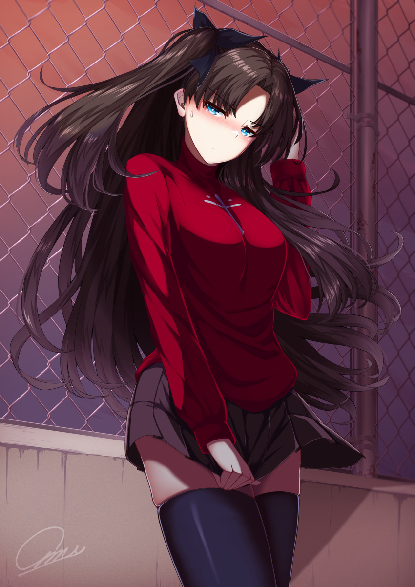 1girl absurdres amu_(takuya0331) black_hair black_ribbon black_skirt black_thighhighs blue_eyes blush breasts chain-link_fence cross_print fate/stay_night fate_(series) fence hair_ribbon highres long_hair long_sleeves medium_breasts miniskirt pleated_skirt ribbon skirt solo standing sweatdrop textless_version thigh-highs tohsaka_rin two_side_up zettai_ryouiki