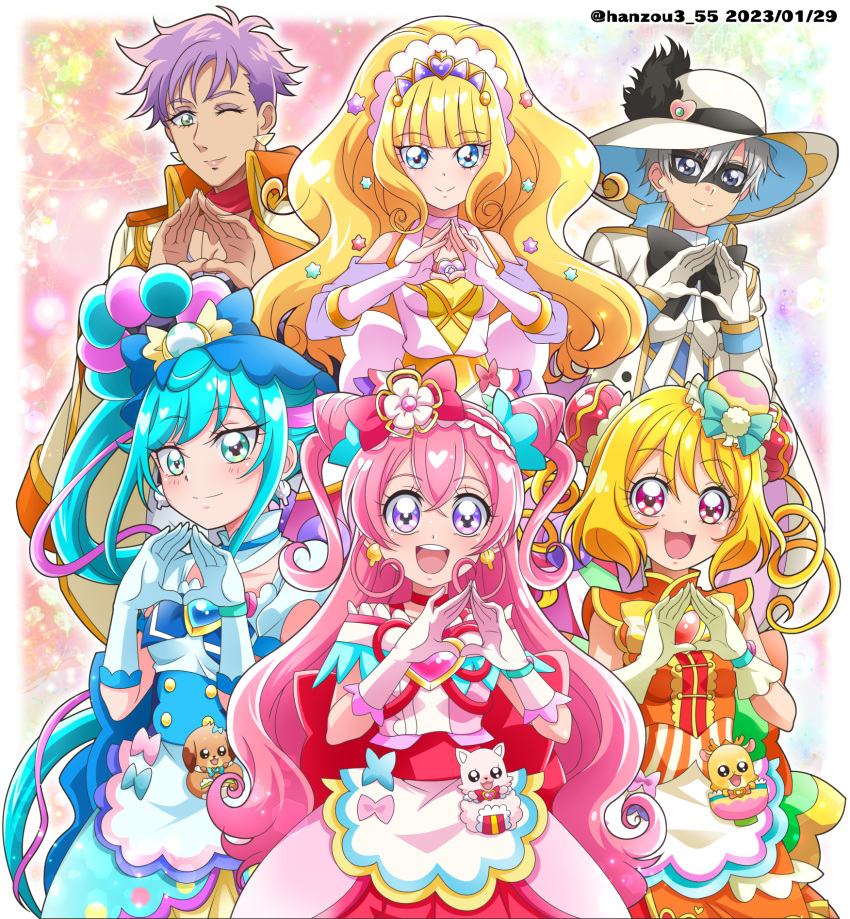 2boys 4girls :d apron back_bow bangs big_hair black_bow black_pepper_(precure) blonde_hair blue_bow blue_dress blue_eyes blue_gloves blue_hair blunt_bangs bob_cut bow bridal_gauntlets bun_cover china_dress chinese_clothes choker closed_mouth clothing_cutout cone_hair_bun cure_finale cure_precious cure_spicy cure_yum-yum dark-skinned_male dark_skin dated delicious_party_precure domino_mask double_bun dress earrings fuwa_kokone gloves green_eyes grey_hair hair_bun hair_ornament hairband hanamichi_ran hanzou hat hat_feather heart highres jacket jacket_on_shoulders jewelry kasai_amane kome-kome_(precure) long_hair mask mem-mem_(precure) multiple_boys multiple_girls nagomi_yui one_eye_closed open_mouth orange_bow orange_dress own_hands_together pam-pam_(precure) pink_bow pink_dress pink_gloves pink_hair precure purple_dress purple_hair red_bow red_choker red_eyes red_hairband rosemary_(precure) shinada_takumi short_hair short_sleeves shoulder_cutout side_ponytail smile sun_hat tiara twitter_username two_side_up very_long_hair violet_eyes waist_apron white_choker white_gloves white_headwear white_jacket yellow_gloves