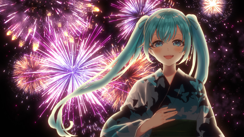 1girl animal_print blue_eyes blue_hair blush butterfly_print eyelashes fireworks hand_on_own_chest hatsune_miku highres japanese_clothes koniro long_hair open_mouth smile solo sparkling_eyes standing teeth twintails upper_teeth_only vocaloid