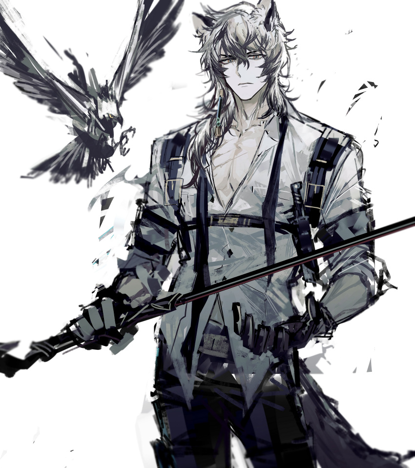 1boy absurdres animal_ear_fluff animal_ears arknights belt bird black_gloves black_pants buttons chest_harness closed_mouth collarbone cowboy_shot dagger earrings elite_ii_(arknights) expressionless gloves harness highres holding holding_sword holding_weapon jewelry knife leopard_ears leopard_tail long_sleeves looking_at_viewer male_focus multicolored_hair necktie open_clothes open_shirt pants remsrar sheath sheathed shirt silverash_(arknights) simple_background single_earring solo streaked_hair sword tail tenzin_(arknights) undone_necktie weapon white_background white_hair white_shirt