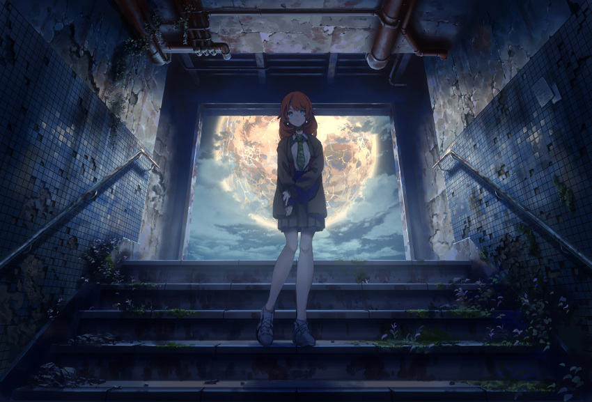 1girl blue_eyes crack fragile_(vocaloid) full_body handrail highres industrial_pipe jacket looking_at_viewer moon necktie night open_clothes open_jacket overgrown pleated_skirt redhead ruins scenery shijohane shirt skirt solo stairs standing white_footwear white_shirt wide_shot
