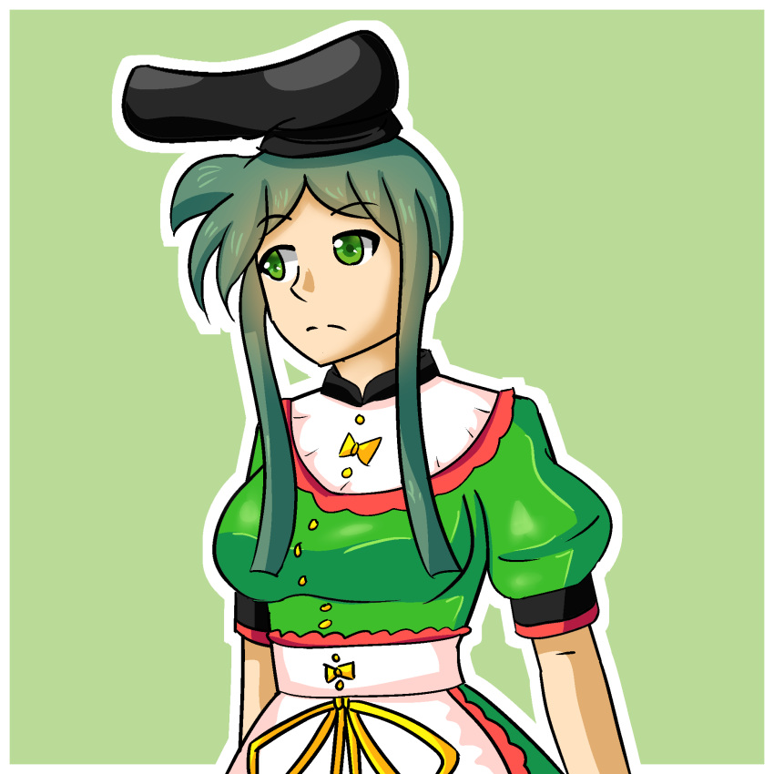 1girl apron black_collar black_headwear border breasts closed_mouth collar commentary dress frills green_background green_dress green_eyes green_hair hat highres looking_to_the_side medium_breasts outline outside_border puffy_short_sleeves puffy_sleeves ribbon short_hair_with_long_locks short_sleeves simple_background solo split_mouth tate_eboshi teireida_mai touhou upper_body waist_apron white_border white_outline yellow_ribbon yuritho