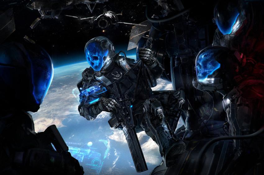 3boys cable commentary earth_(planet) english_commentary gun helmet highres holding holding_gun holding_weapon johnson_ting looking_down male_focus multiple_boys original photoshop_(medium) planet power_armor science_fiction skull weapon
