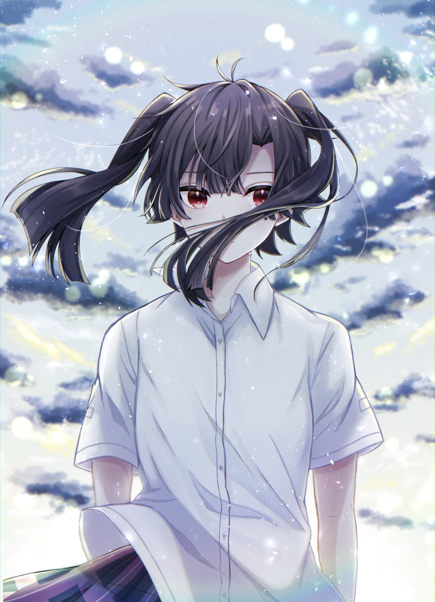 1girl arms_at_sides bangs black_hair black_skirt blunt_bangs blurry closed_mouth clouds cloudy_sky collared_shirt crying crying_with_eyes_open enomoto_takane floating_hair hair_over_mouth highres kagerou_project pink_skirt plaid plaid_skirt pleated_skirt red_eyes shirt short_sleeves siori_510 skirt sky solo sparkle straight-on tears two-tone_skirt untucked_shirt upper_body white_shirt wind wind_lift