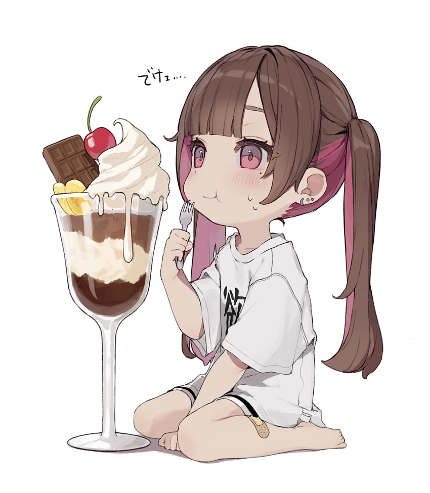 1girl :t bandaid bandaid_on_leg bangs bare_legs barefoot between_legs blunt_bangs blush brown_hair chibi commentary_request daluto_(hitomi555) ear_piercing eating eyelashes food fork full_body full_mouth hand_between_legs highres holding holding_fork ice_cream long_hair md5_mismatch mole mole_under_eye multicolored_hair original parfait piercing pink_hair resolution_mismatch shirt short_sleeves sidelocks simple_background sitting solo source_smaller sweat translated twintails two-tone_hair violet_eyes wariza white_background white_shirt