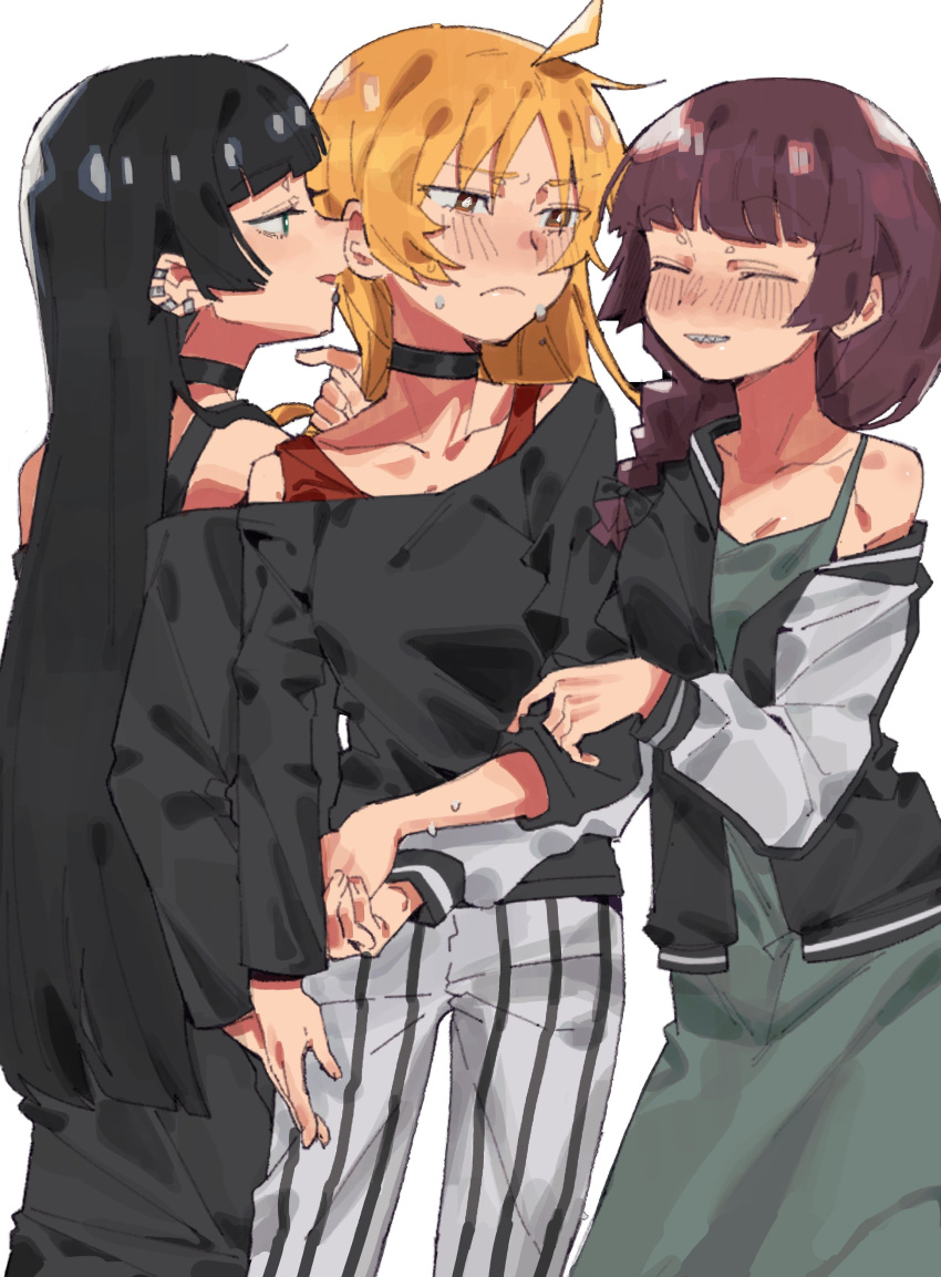 3girls absurdres black_bra black_hair black_shirt blonde_hair blue_eyes blush bocchi_the_rock! bra bra_strap closed_eyes collarbone commentary_request dress ear_piercing green_dress highres hiroi_kikuri holding_hands ijichi_seika long_hair multiple_girls off-shoulder_shirt off_shoulder orange_eyes pa-san pants parted_lips piercing purple_hair red_bra shirt simple_background striped striped_pants sweatdrop takao_(88499191) underwear white_background yuri