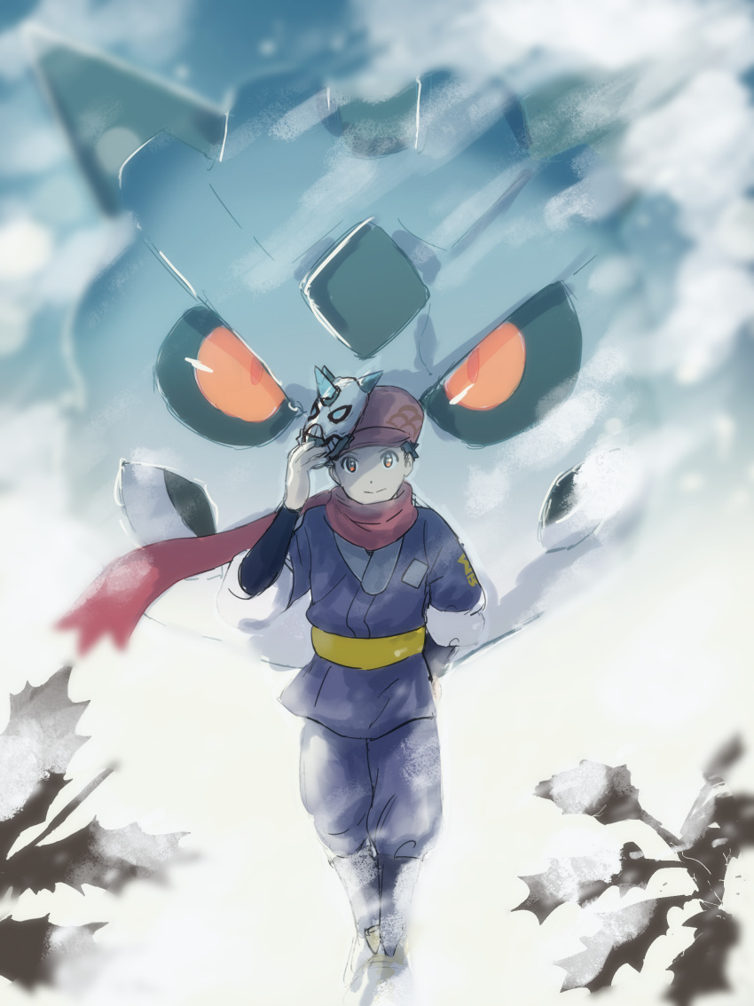 1boy absurdres alternate_color arm_behind_back black_hair black_shirt blurry character_mask closed_mouth commentary_request floating_scarf glalie hat highres holding holding_mask jacket looking_at_viewer male_focus mask mask_on_head outdoors pants pokemon pokemon_(creature) pokemon_(game) pokemon_legends:_arceus red_headwear red_scarf rei_(pokemon) ryu_gamori scarf shiny_pokemon shirt shoes short_hair smile snowing