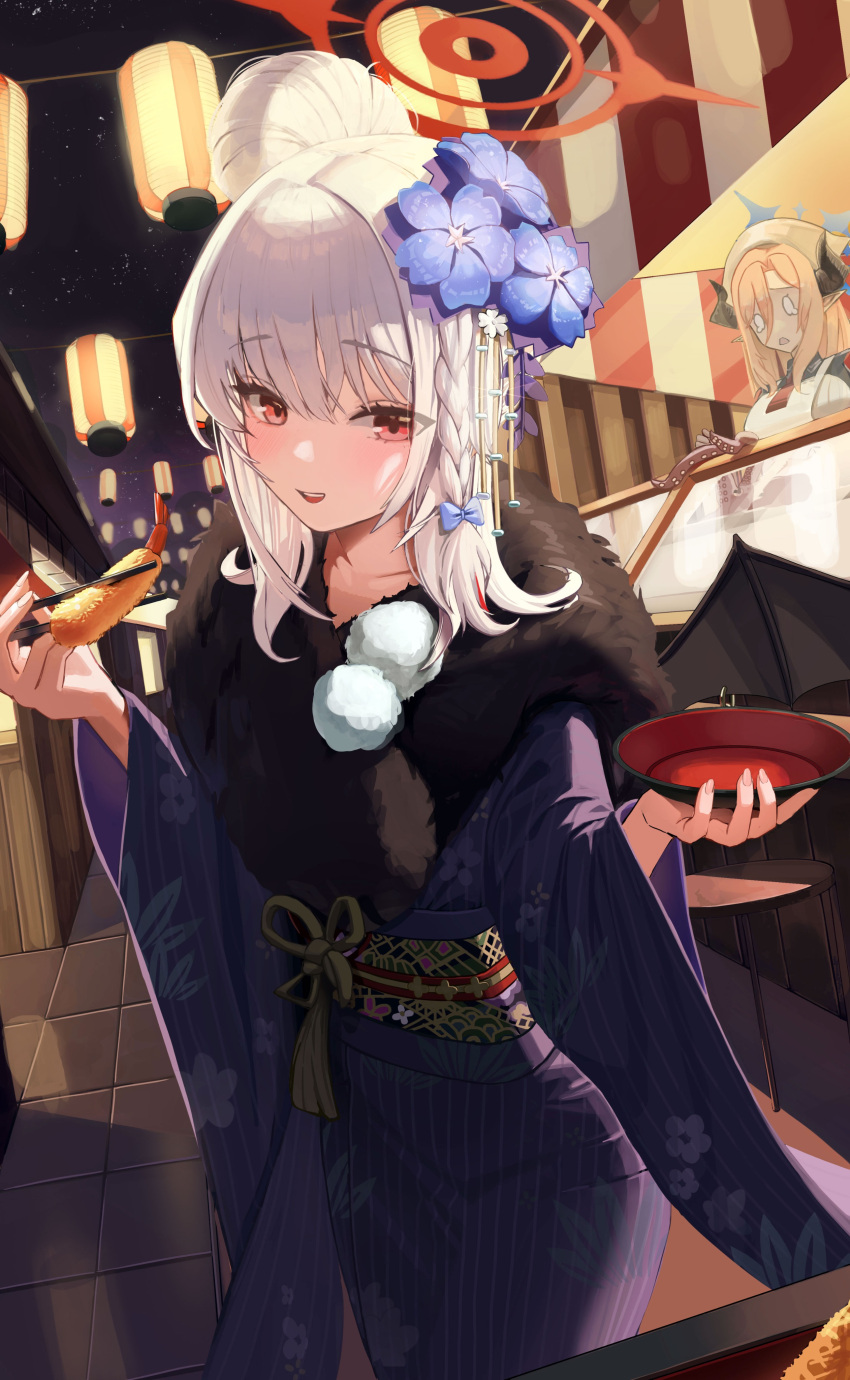 absurdres bangs blue_archive chopsticks flower food fur-trimmed_kimono fur_collar fur_trim hair_flower hair_ornament hallo_(rltkdydrltk) halo haruna_(blue_archive) haruna_(new_year)_(blue_archive) highres japanese_clothes juri_(blue_archive) kimono official_alternate_costume purple_kimono shrimp shrimp_tempura single_wing tempura wings