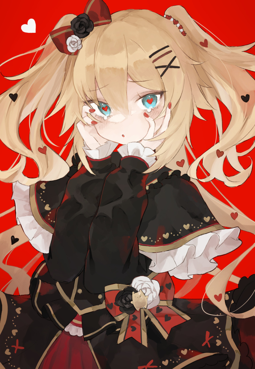 1girl :o akai_haato black_capelet black_dress black_flower black_rose black_skirt blonde_hair blue_eyes bow capelet commentary_request crying crying_with_eyes_open dress fingernails flower frilled_capelet frilled_sleeves frills gothic_lolita haaton_(akai_haato) hair_between_eyes hair_bow hair_flower hair_ornament hairclip hands_on_own_cheeks hands_on_own_face heart heart-shaped_pupils heart_hair_ornament highres hololive kumono_nnn layered_dress lolita_fashion long_hair long_sleeves looking_at_viewer nail_polish official_alternate_costume official_alternate_hairstyle open_mouth overskirt red_background red_bow red_nails rose simple_background skirt solo symbol-shaped_pupils tears twintails two_side_up upper_body very_long_hair virtual_youtuber x_hair_ornament