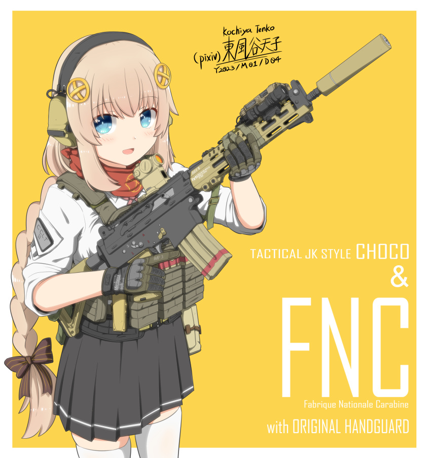 1girl :d absurdres assault_rifle bandana bandana_around_neck black_skirt blue_eyes blush bow braid brown_bow character_name cowboy_shot fn_fnc fnc_(girls'_frontline) girls_frontline gun hair_bow hair_ornament headphones highres holding holding_gun holding_weapon kochiya_tenko light_brown_hair long_hair military open_mouth pleated_skirt red_bandana rifle shirt simple_background skirt smile solo suppressor tactical_clothes thigh-highs trigger_discipline very_long_hair weapon white_shirt white_thighhighs yellow_background
