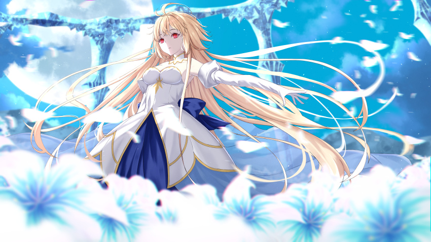 1girl absurdres archetype_earth arcueid_brunestud blonde_hair blue_ribbon breasts detached_sleeves dress fate/grand_order fate_(series) flower full_moon gloves highres large_breasts long_hair long_skirt looking_away moon petals princess_outfit red_eyes ribbon skirt solo sou_skate714 strapless strapless_dress tsukihime tsukihime_(remake) two-tone_dress very_long_hair