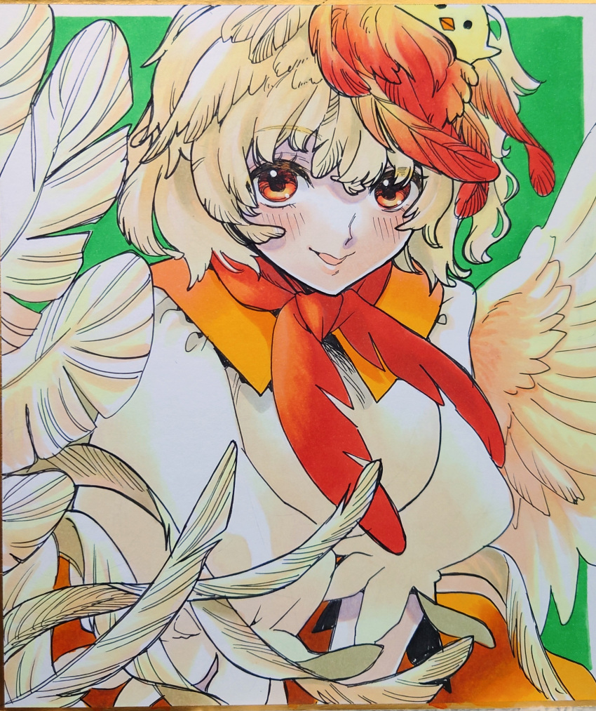 absurdres animal animal_on_head bird blonde_hair blush chick chicken feather_hair feathered_wings feathers highres neckerchief niwatari_kutaka on_head orange_eyes orange_feathers orange_hair orange_neckerchief orange_skirt puffy_short_sleeves puffy_sleeves short_sleeves simple_background skirt smile touhou traditional_media two-tone_background whoru wings yellow_feathers yellow_wings