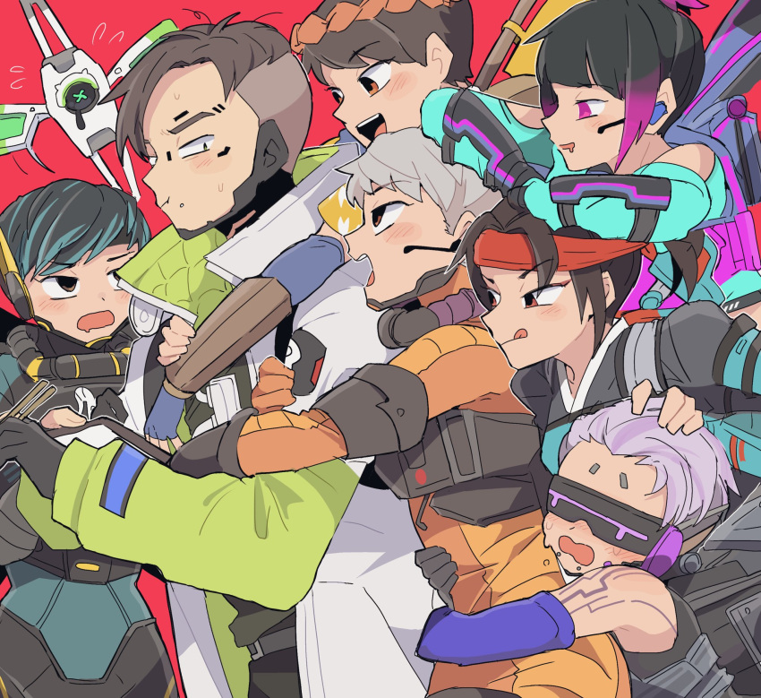 1boy 6+girls air_orchid_valkyrie animification apex_legends black_hair blue_bodysuit blue_hair blue_jacket blush bodysuit brown_eyes brown_hair clothing_cutout cloud_marauder_valkyrie colored_tips crypto_(apex_legends) drooling fluorescent_tech_valkyrie hack_(apex_legends) hair_behind_ear harem head-mounted_display headband headset hetero highres hug hug_from_behind jacket licking_lips multicolored_hair multiple_girls multiple_persona nojima_minami non-humanoid_robot official_alternate_costume omatsuri_fury_valkyrie orange_bodysuit ponytail purple_hair red_background red_headband robot short_hair shoulder_cutout streaked_hair tongue tongue_out valkyrie_(apex_legends) violet_eyes white_jacket