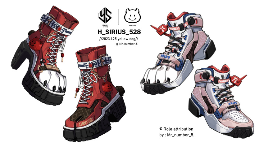 animal_feet artist_name body_fur boots chinese_commentary claws commentary_request cross-laced_footwear footwear_focus furry h_sirius highres keychain logo nike no_humans original pink_footwear red_footwear shoes sneakers toeless_footwear toes twitter_username watermark white_fur
