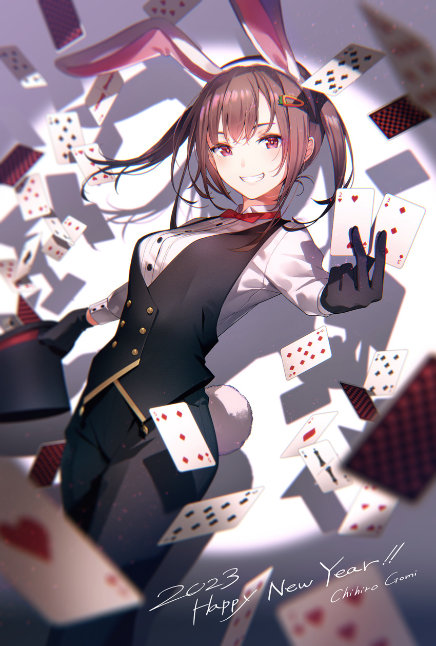 1girl 2023 animal_ears artist_name bangs black_gloves black_headwear black_pants black_vest bow bowtie breasts brown_hair card clenched_teeth club_(shape) collared_shirt commentary diamond_(shape) english_text fake_animal_ears fake_tail feet_out_of_frame gloves gomi_chihiro grin hair_ornament hairclip hat headwear_removed heart highres holding holding_card holding_clothes holding_hat looking_at_viewer medium_breasts medium_hair mixed-language_commentary original pants rabbit_ears rabbit_tail red_bow red_bowtie red_eyes shirt smile solo spade_(shape) tail teeth top_hat twintails vest white_shirt