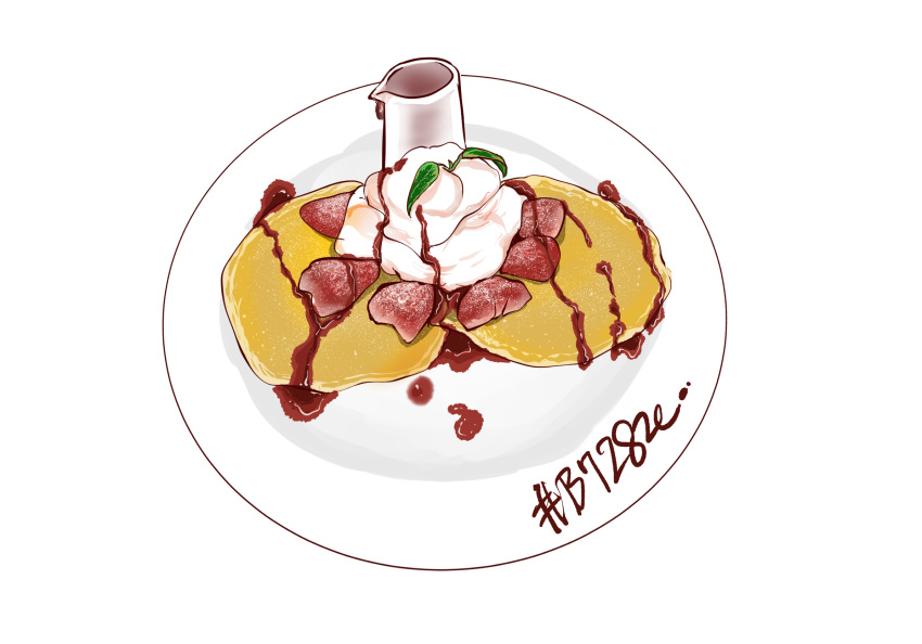 #b7282e artist_name commentary_request cream dessert food food_focus fruit highres leaf mint no_humans original pancake partial_commentary pitcher_(container) plate round_image signature simple_background still_life strawberry white_background