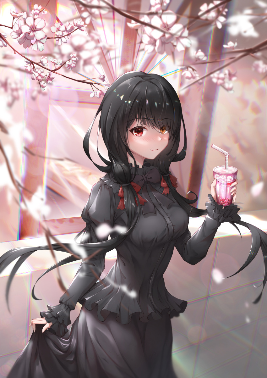 1girl absurdres bangs black_bow black_bowtie black_dress black_hair blurry blurry_background bow bowtie breasts che_zero cherry_blossoms closed_mouth commentary_request cup date_a_live disposable_cup dress drink drinking_straw frilled_dress frilled_sleeves frills hand_up heterochromia highres holding holding_cup light_smile long_hair long_sleeves looking_at_viewer low_twintails medium_breasts outdoors red_bow red_eyes skirt_hold solo tokisaki_kurumi twintails very_long_hair yellow_eyes