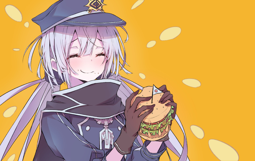 1girl blush burger chewing closed_eyes comic commentary duel_monster eating food gloves grey_hair hair_between_eyes hat highres holding holding_food hungry_burger japanese_flag long_hair long_sleeves mini_flag mosu_(korikan) scarf sky_striker_ace_-_roze upper_body yu-gi-oh!