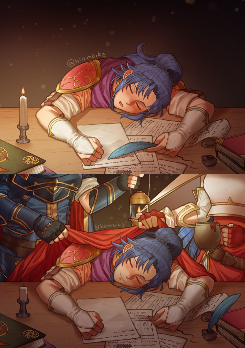 1boy 2girls armor blanket blue_eyes breastplate caeda_(fire_emblem) candle candlelight closed_eyes commission desk fingerless_gloves fire_emblem fire_emblem:_mystery_of_the_emblem fire_emblem:_new_mystery_of_the_emblem gloves highres hiomaika ink_bottle kris_(female)_(fire_emblem) kris_(fire_emblem) lying marth_(fire_emblem) multiple_girls on_table paper pen ponytail quill sleeping sleeping_upright solo_focus table twitter_username writing