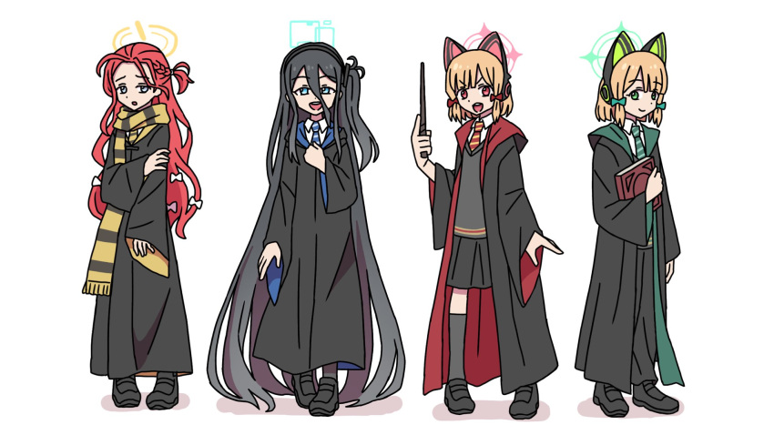 4girls animal_ear_headphones animal_ears aris_(blue_archive) black_hair blonde_hair blue_archive book cat_ear_headphones coat fake_animal_ears full_body halo harry_potter_(series) headphones highres holding holding_book midori_(blue_archive) momoi_(blue_archive) multiple_girls one_side_up redhead scarf simple_background smile washin white_background yuzu_(blue_archive)