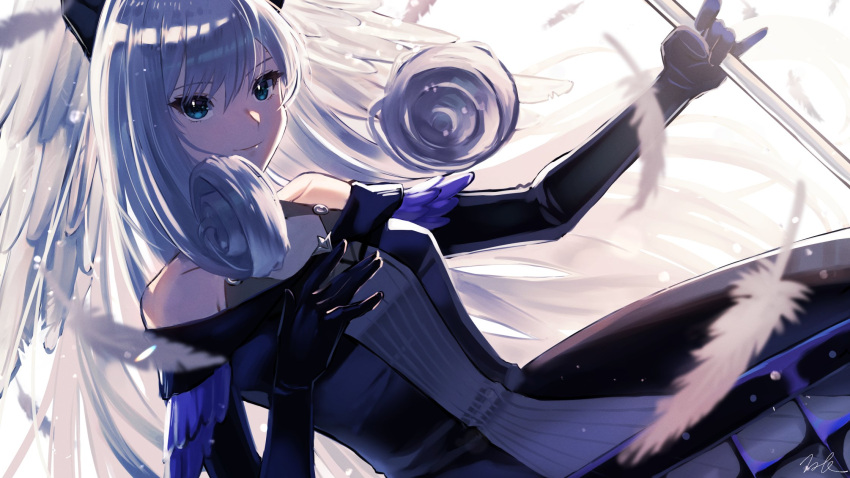 1girl blue_eyes breasts curly_hair dress head_wings highres kyosuke1413koba long_hair looking_at_viewer medium_breasts melia_antiqua simple_background smile solo staff xenoblade_chronicles_(series) xenoblade_chronicles_1 xenoblade_chronicles_3