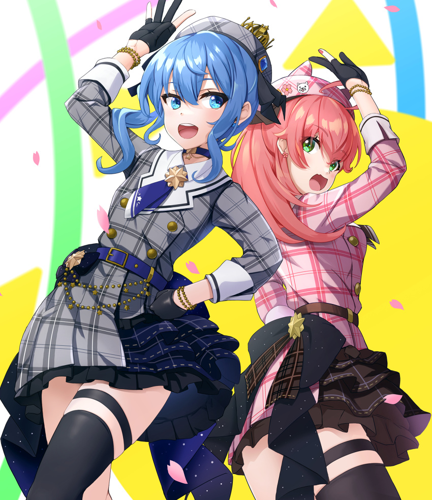 2girls :d arm_up bangs beret black_gloves black_thighhighs blue_eyes blue_hair commentary_request gloves green_eyes grey_headwear grey_jacket grey_skirt hair_between_eyes hand_on_hip hat highres hololive hoshimachi_suisei jacket long_sleeves matching_outfit multiple_girls partially_fingerless_gloves petals pink_headwear pink_jacket pink_skirt plaid plaid_headwear plaid_jacket plaid_skirt pleated_skirt redhead sakura_miko side_ponytail sidelocks single_thighhigh skirt smile thigh-highs virtual_youtuber wapokichi