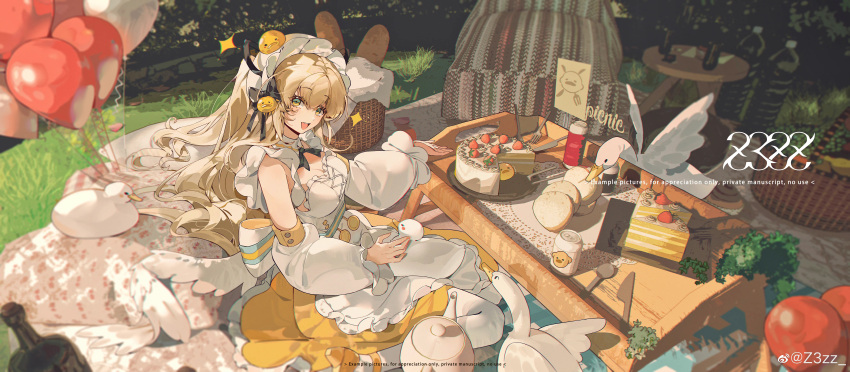 1girl absurdres apron balloon bangs bird black_bow blonde_hair blue_eyes blush bow cake cake_slice commentary detached_sleeves duck food frilled_apron frilled_headwear frills hair_bow highres long_hair looking_at_viewer open_mouth original outdoors picnic sitting strawberry_cake symbol-only_commentary wariza weibo_id weibo_logo z3zz4