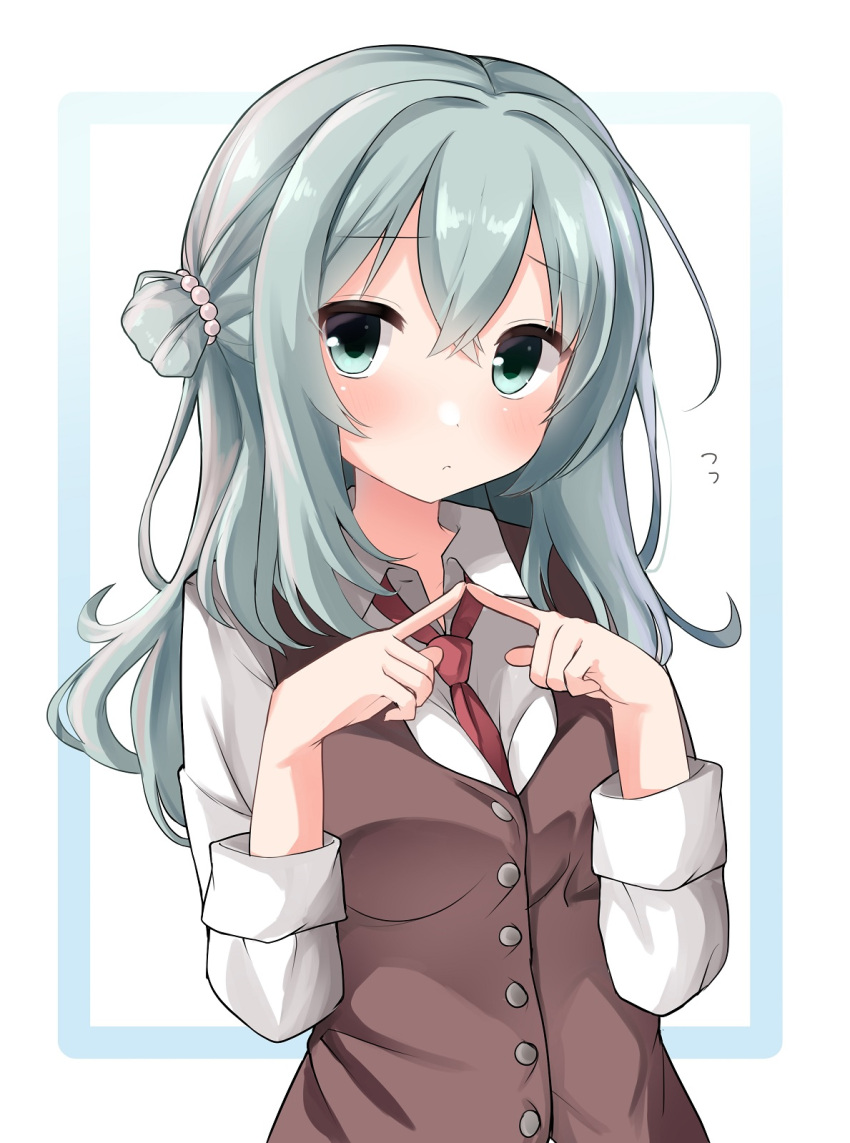 1girl :/ aqua_eyes aqua_hair bangs beads between_breasts blush breasts brown_vest closed_mouth collared_shirt commentary fidgeting flying_sweatdrops frown furrowed_brow hair_beads hair_between_eyes hair_bun hair_ornament head_tilt highres index_fingers_together large_breasts long_hair looking_at_viewer necktie necktie_between_breasts red_necktie riddle_joker shikibe_mayu shirt simple_background single_hair_bun solo takepoison upper_body vest wavy_hair white_background white_shirt yuzu-soft