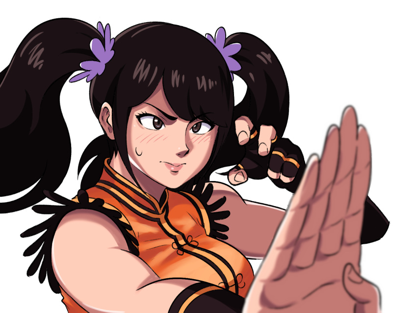 1girl bare_shoulders black_gloves blush breasts closed_mouth fighting_stance fingerless_gloves gloves hair_ornament hair_scrunchie highres ling_xiaoyu lips scrunchie simple_background solo sweatdrop tekken tina_fate twintails white_background