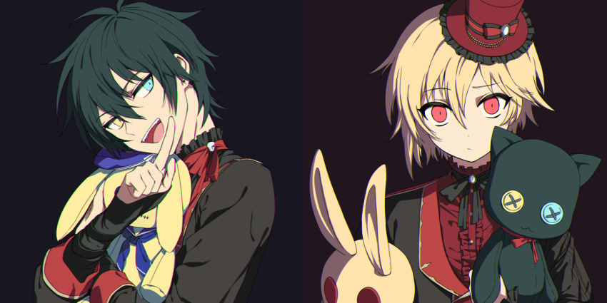 2boys black_background black_hair blonde_hair blue_eyes closed_mouth ensemble_stars! hat heterochromia kagehira_mika looking_at_viewer looking_to_the_side male_focus mini_hat mini_top_hat multicolored_background multiple_boys nito_nazuna open_mouth red_background red_eyes shokill short_hair smile stuffed_animal stuffed_bunny stuffed_cat stuffed_toy top_hat yellow_eyes