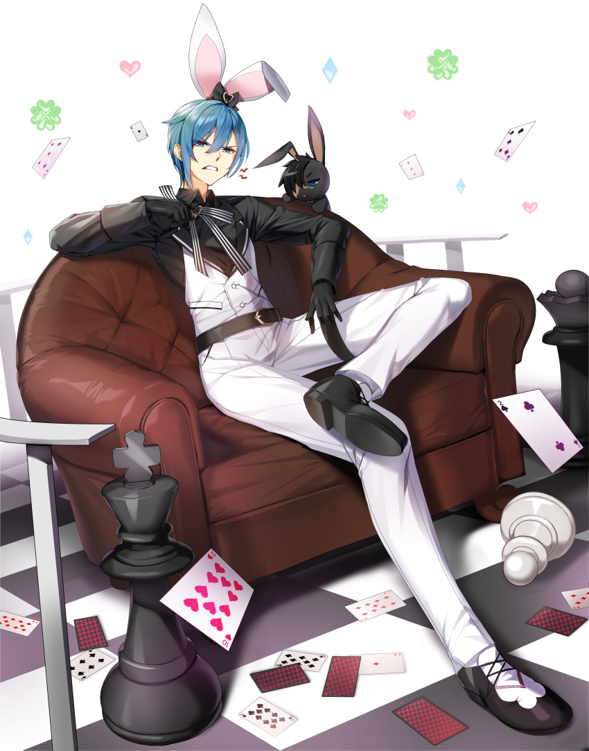 1boy absurdres adjusting_neck_ribbon animal_ears belt black_belt black_bow black_footwear black_gloves black_rabbit_(animal) black_shirt blue_eyes blue_hair bow card checkered_floor chess_piece clenched_teeth closers clover collared_shirt couch crossed_legs crystal fake_animal_ears figure_four_sitting four-leaf_clover full_body gloves hair_between_eyes hair_bow heart highres king_(chess) long_sleeves nata_(closers) neck_ribbon official_art on_couch pants pawn_(chess) playing_card queen_(chess) rabbit rabbit_ears ribbon shirt short_hair sitting solo tachi-e teeth v-shaped_eyebrows vest white_background white_pants white_vest