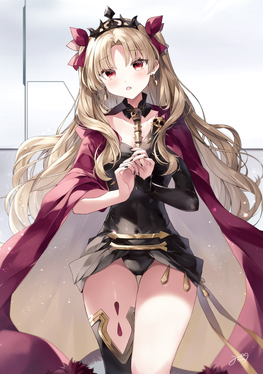 1girl absurdres bangs black_leotard black_nails black_sleeves black_thighhighs blonde_hair blush cape commentary_request covered_navel earrings ereshkigal_(fate) fate/grand_order fate_(series) fingernails forehead hair_ribbon highres indoors jewelry leotard long_hair looking_at_viewer misaki346 own_hands_together parted_bangs red_cape red_eyes red_ribbon ribbon signature single_sleeve single_thighhigh solo thigh-highs tiara two-tone_cape two_side_up very_long_hair yellow_cape