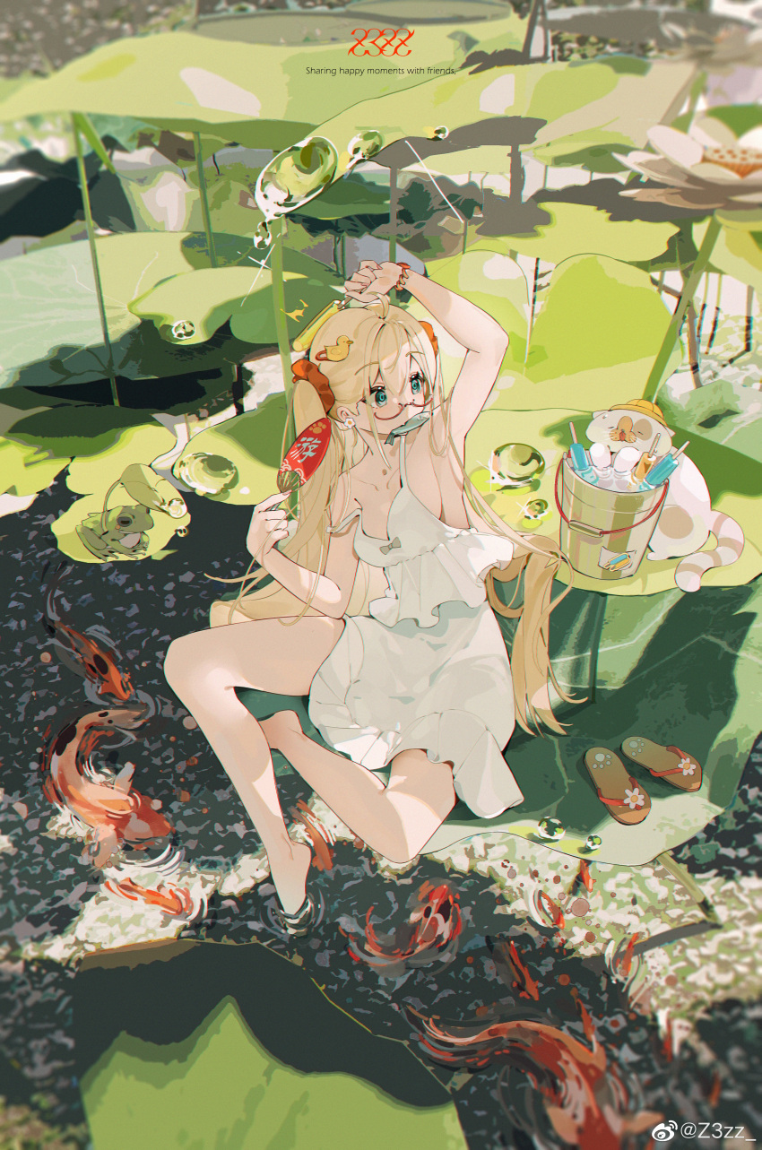 1girl absurdres ahoge armpits bangs blonde_hair blush breasts cat chinese_commentary collarbone dress duck_hair_ornament fish fish_in_mouth flip-flops flower food frilled_dress frills frog hair_ornament hair_scrunchie hand_fan highres holding holding_fan lotus lotus_leaf original outdoors popsicle sandals scrunchie semi-rimless_eyewear sideboob sitting strap_slip twintails water weibo_id weibo_logo white_dress z3zz4
