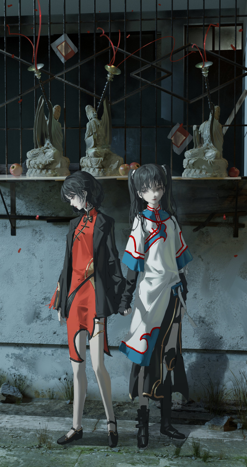 2girls absurdres black_hair braid china_dress chinese_clothes concrete dress fence grey_pants highres multiple_girls original pants short_hair statue suona tuoer twin_braids weeds window