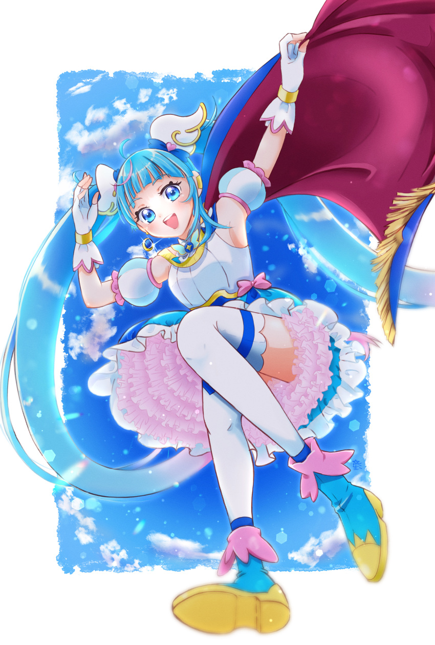 1girl blue_eyes blue_hair blue_skirt blue_sky boots brooch cape clouds cure_sky detached_sleeves fingerless_gloves frills fujisaki_star gloves highres hirogaru_sky!_precure jewelry long_hair magical_girl open_mouth precure puffy_detached_sleeves puffy_sleeves shirt single_sidelock skirt sky smile sora_harewataru thigh-highs twintails two-sided_cape two-sided_fabric white_shirt white_thighhighs wing_brooch wing_hair_ornament