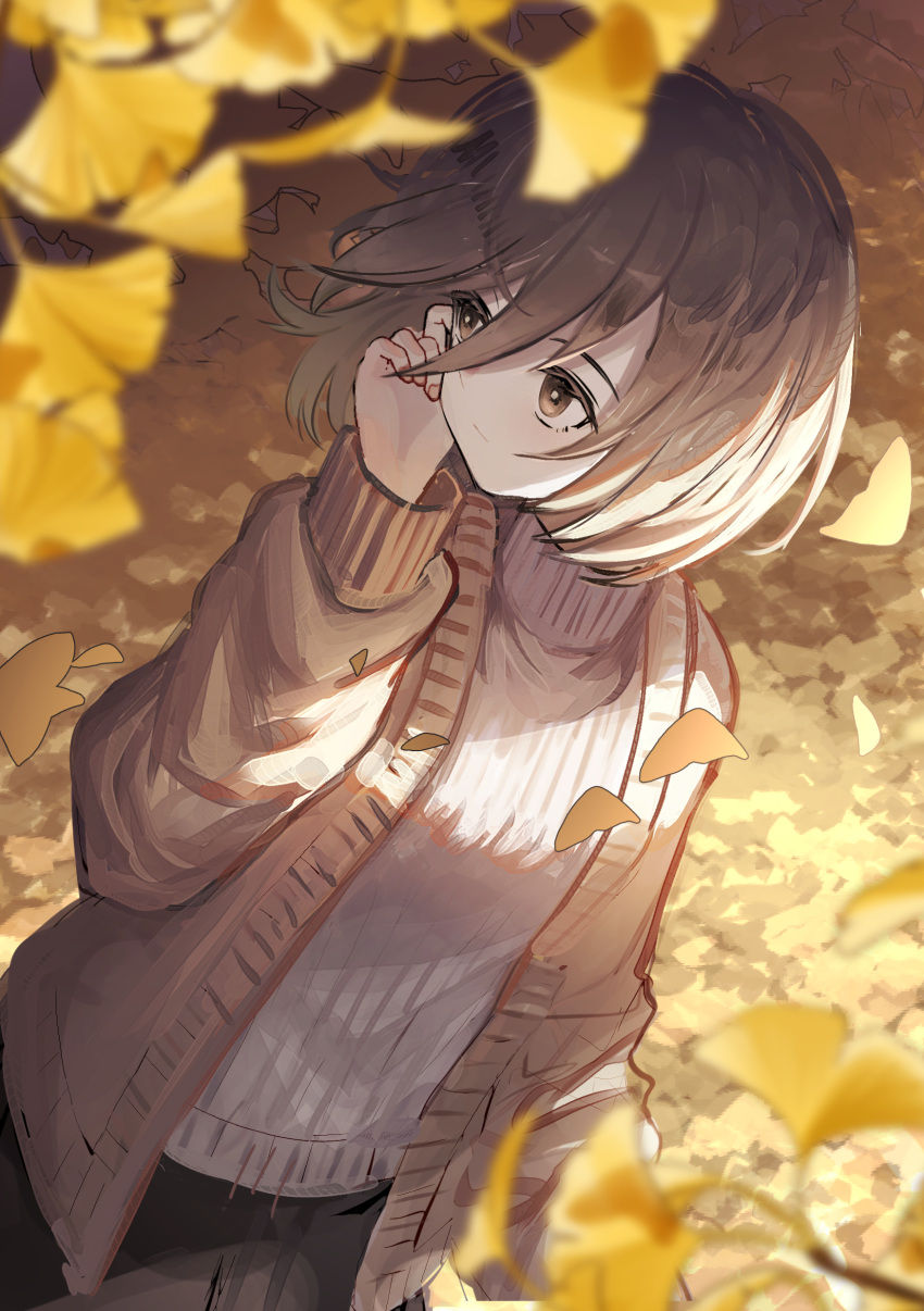 1girl absurdres autumn_leaves brown_cardigan cardigan cowboy_shot day falling_leaves from_above ginkgo_leaf grey_sweater hair_between_eyes hand_on_own_cheek hand_on_own_face highres leaf long_sleeves looking_away looking_back open_cardigan open_clothes original outdoors siena_(moratoriummaga) solo sweater
