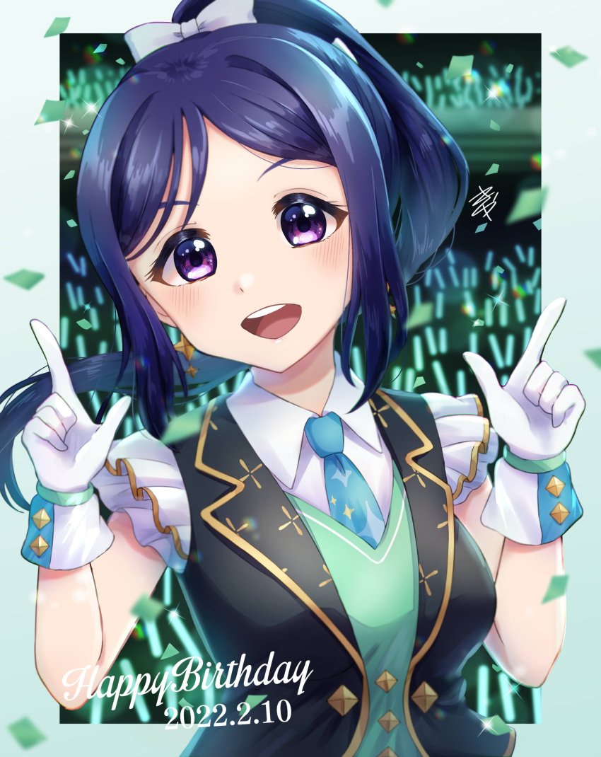 1girl absurdres bangs birthday blue_hair breasts commentary confetti dated earrings english_text gloves glowstick hair_ribbon happy_birthday high_ponytail highres jewelry kyaku_tatsu looking_at_viewer love_live! love_live!_sunshine!! matsuura_kanan medium_breasts ribbon sidelocks signature smile solo sparkle upper_body violet_eyes white_gloves