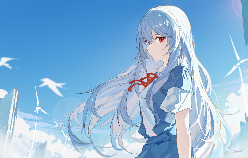 1girl ayanami_rei bangs blue_background blue_hair blue_skirt blue_sky closed_mouth clouds cloudy_sky expressionless highres long_hair looking_at_viewer neon_genesis_evangelion outdoors red_eyes red_ribbon ribbon school_uniform shirt short_sleeves skirt sky solo upper_body white_shirt yajuu