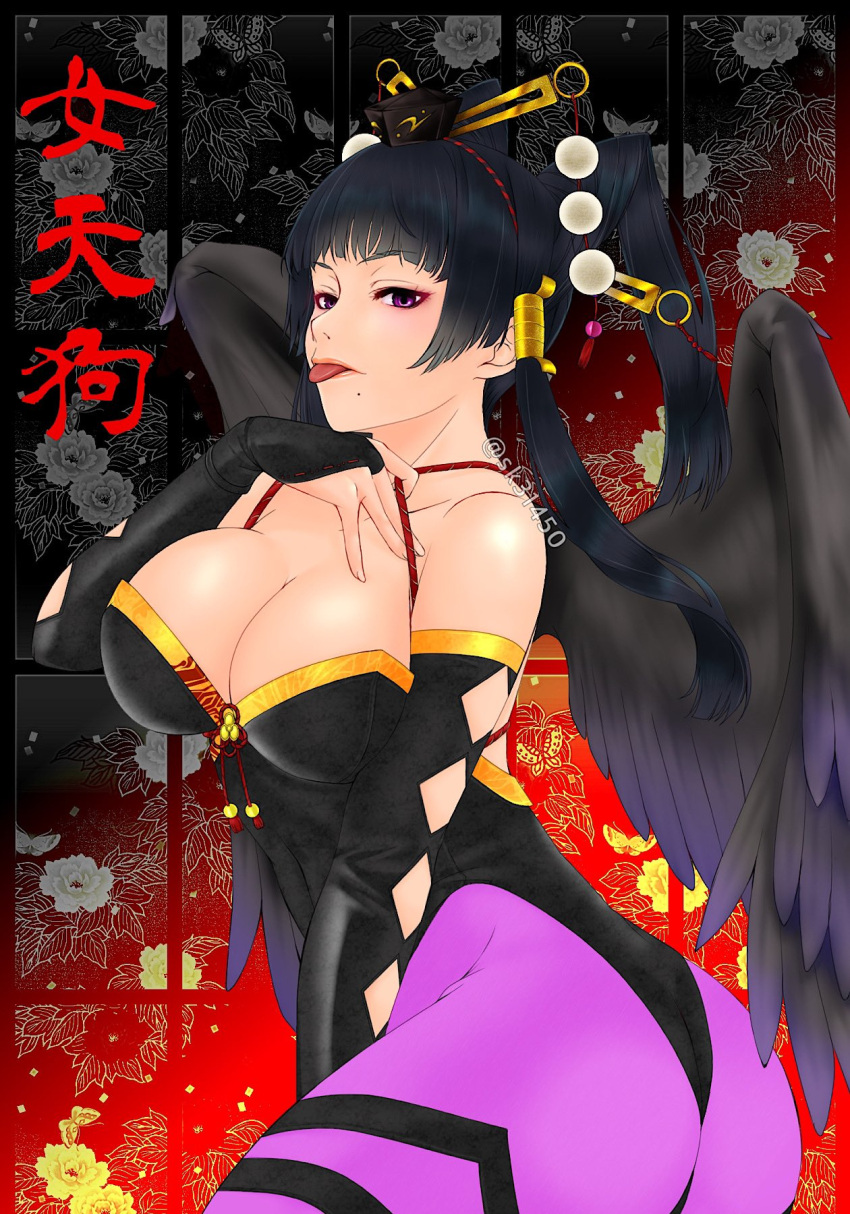 ass bangs black_background black_hair black_leotard black_wings blunt_bangs breasts character_name dead_or_alive dead_or_alive_5 elbow_gloves feathered_wings floral_background gloves hair_ornament hair_stick highres hime_cut large_breasts leggings leotard looking_at_viewer makeup mole mole_under_mouth nyotengu pantyhose red_background rope sk_(sk-g) sliding_doors tongue tongue_out twitter_username two-tone_background violet_eyes wings
