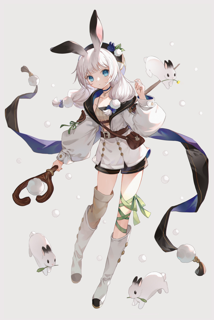 1girl animal_ears bag bangs blue_eyes boots choker closed_mouth eyebrows_hidden_by_hair full_body hat highres holding holding_staff jewelry long_hair long_sleeves looking_at_viewer necklace original rabbit rabbit_ears shorts shoulder_bag single_thighhigh staff standing thigh-highs white_hair wizard yuyuhi_fine