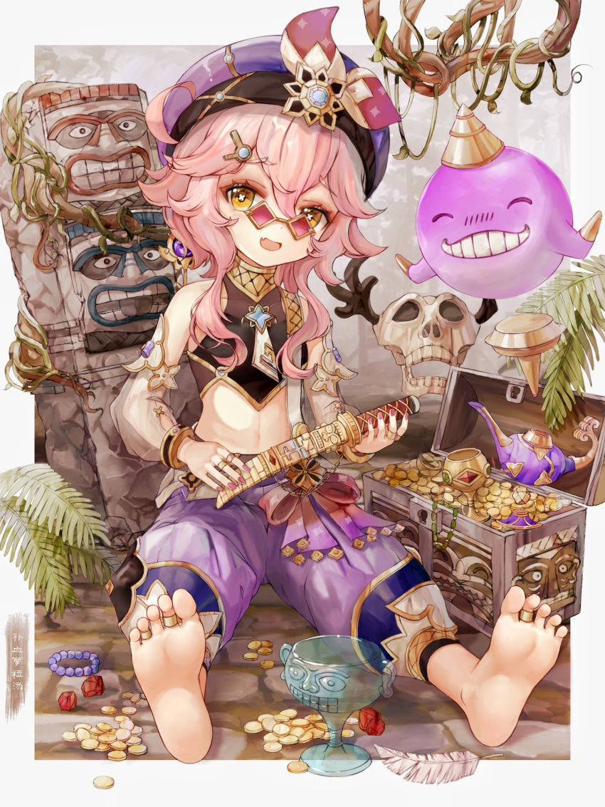 1girl bangs barefoot beret black_shirt blue_gemstone blush border branch buxue_luo_li_tang chalice child chinese_commentary chinese_text coin commentary_request cropped_shirt dagger detached_sleeves dori_(genshin_impact) fang feathers fingernails full_body gem genshin_impact glasses gold_coin gold_trim hair_between_eyes hair_ornament hairclip harem_pants hat highres holding holding_dagger holding_knife holding_weapon jewelry jinni_(genshin_impact) knife looking_at_viewer mask mask_removed midriff nail_polish oil_lamp on_ground open_mouth outside_border pants pince-nez pink-tinted_eyewear pink_hair pink_nails plant puffy_detached_sleeves puffy_pants puffy_sleeves purple_gemstone purple_headwear purple_pants red_gemstone ring see-through see-through_sleeves shirt short_hair_with_long_locks sidelocks skin_fang skull_mask soles sunglasses symbol-shaped_pupils tinted_eyewear toe_ring toes translation_request treasure_chest vines weapon white_border white_feathers white_sleeves x-shaped_pupils yellow-framed_eyewear yellow_eyes