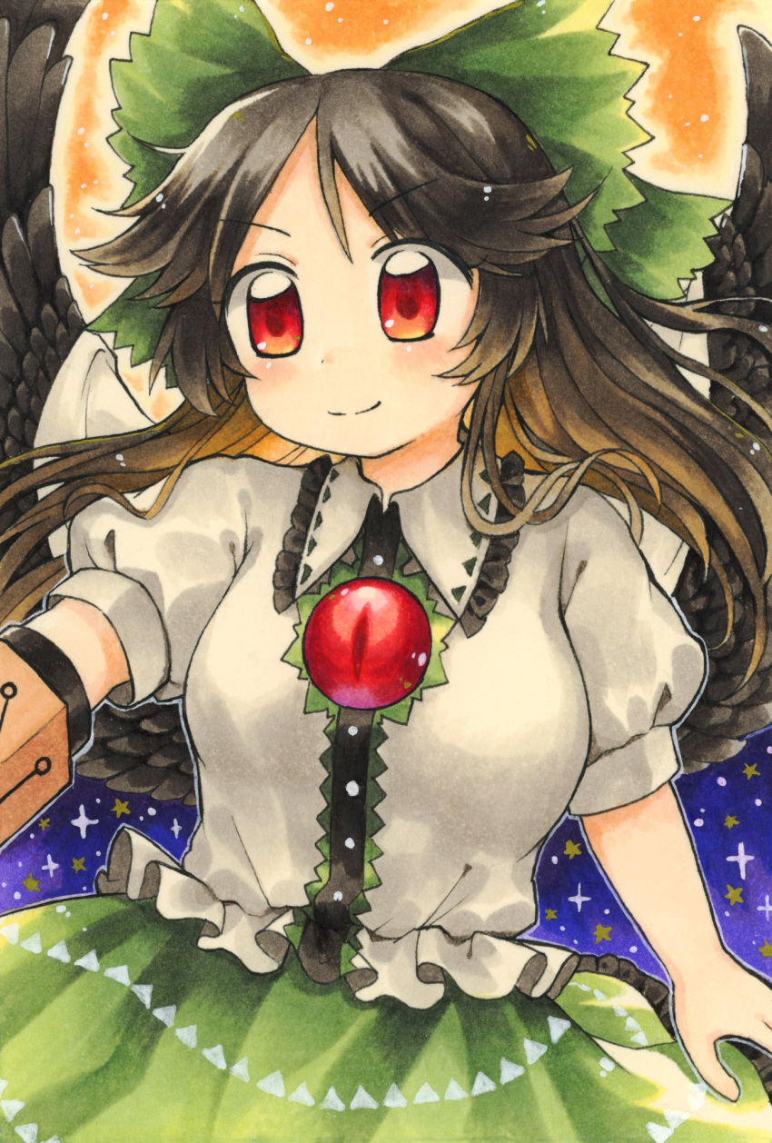 1girl arm_cannon bangs bird_wings black_hair black_wings blush bow breasts brown_hair buttons cape closed_mouth collared_shirt colored_inner_hair commentary_request control_rod cowboy_shot frilled_shirt_collar frilled_skirt frills green_bow green_skirt hair_bow highres large_breasts long_hair looking_at_viewer maa_(forsythia1729) multicolored_hair orange_background print_cape puffy_short_sleeves puffy_sleeves red_eyes reiuji_utsuho shirt short_sleeves skirt smile solo starry_sky_print third_eye touhou v-shaped_eyebrows weapon white_cape white_shirt wings